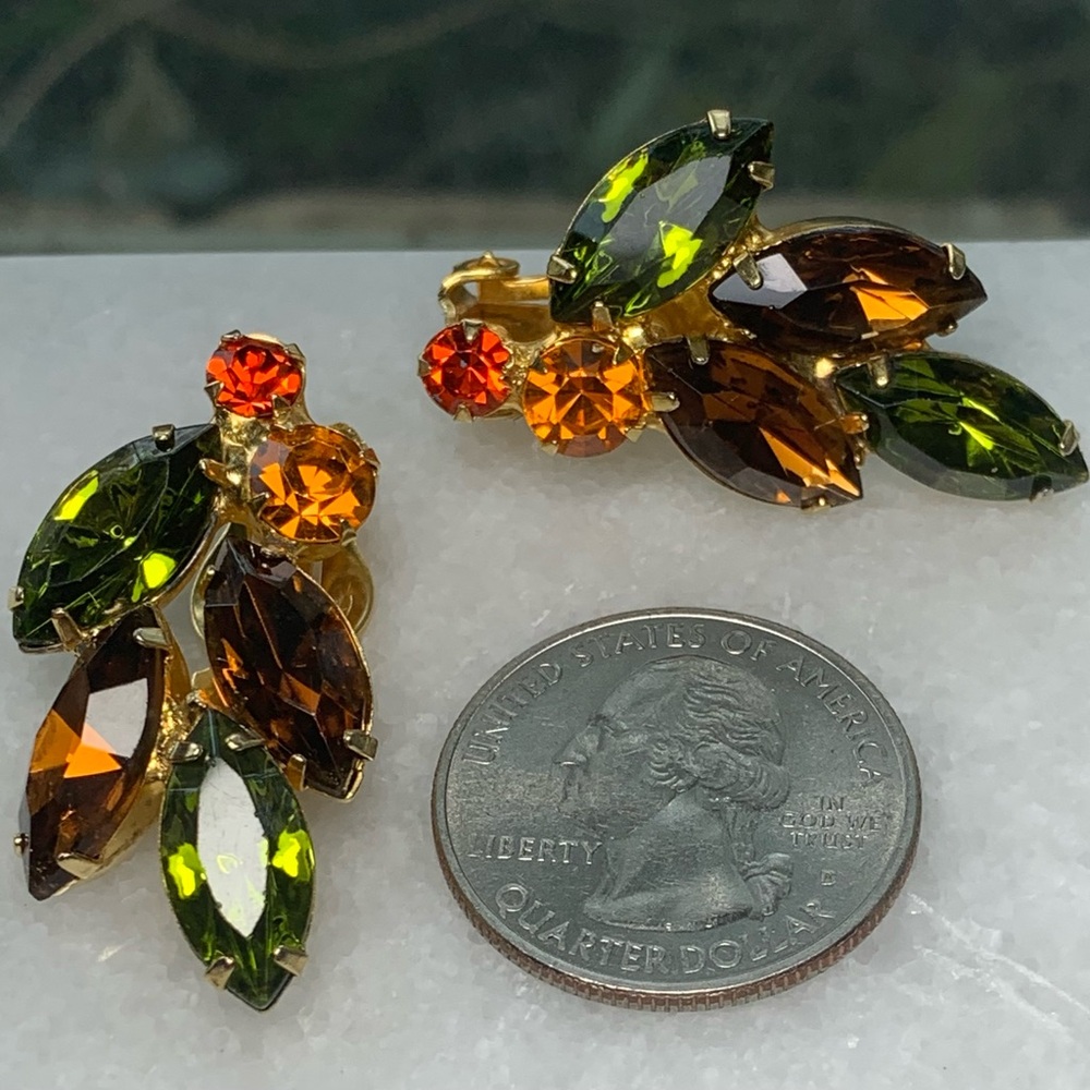 Vintage Fall Rhinestone Clip On Earrings Green Brown Gold